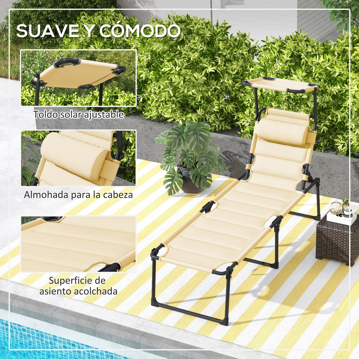 Outsunny Tumbona Plegable Con Respaldo Regulable 70x200x45 Cm Crema_5