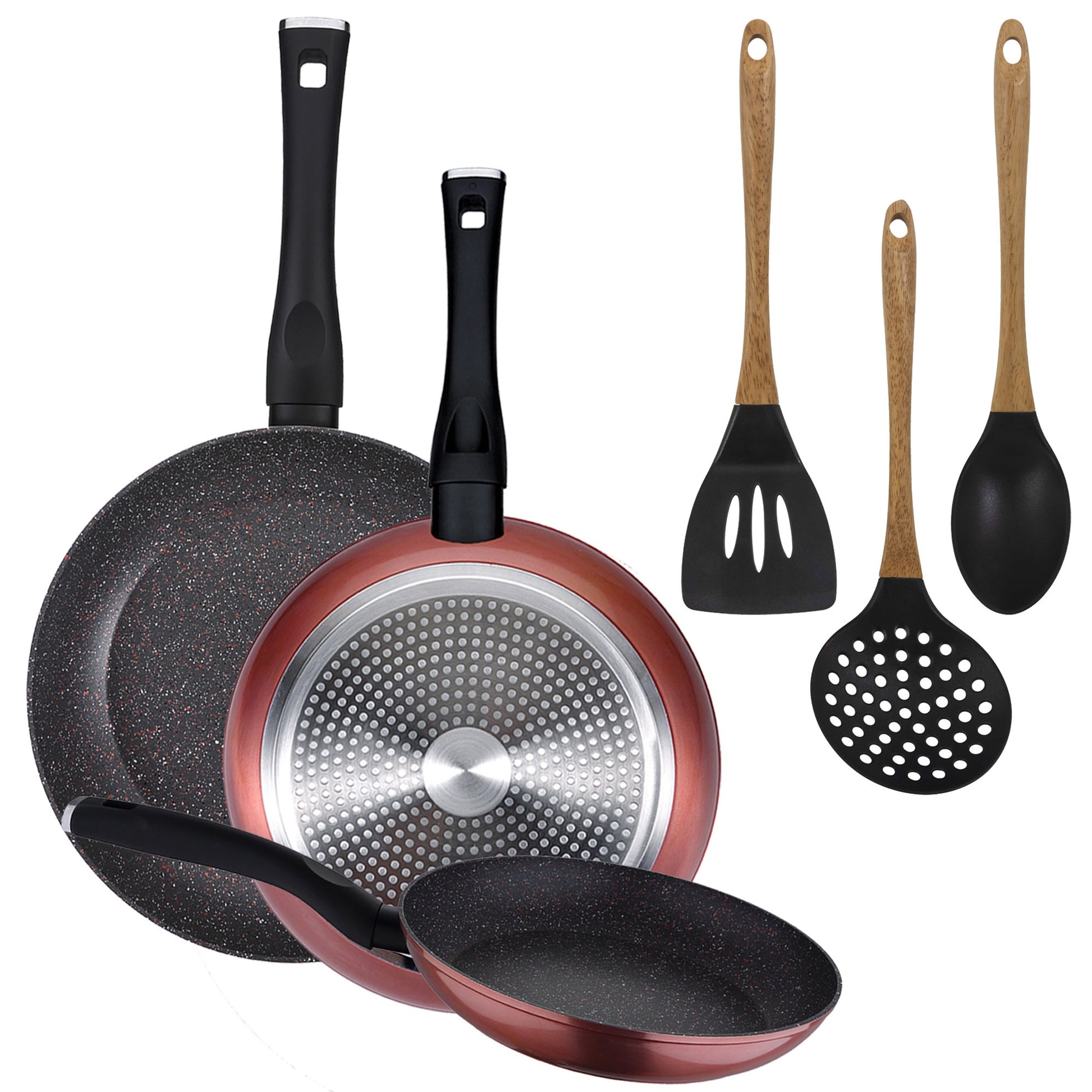 Pack De 3 Sartenes Ø20/24 Y 28 Cms + Set De 3pc De Utensilios De Cocina En Silicona_0