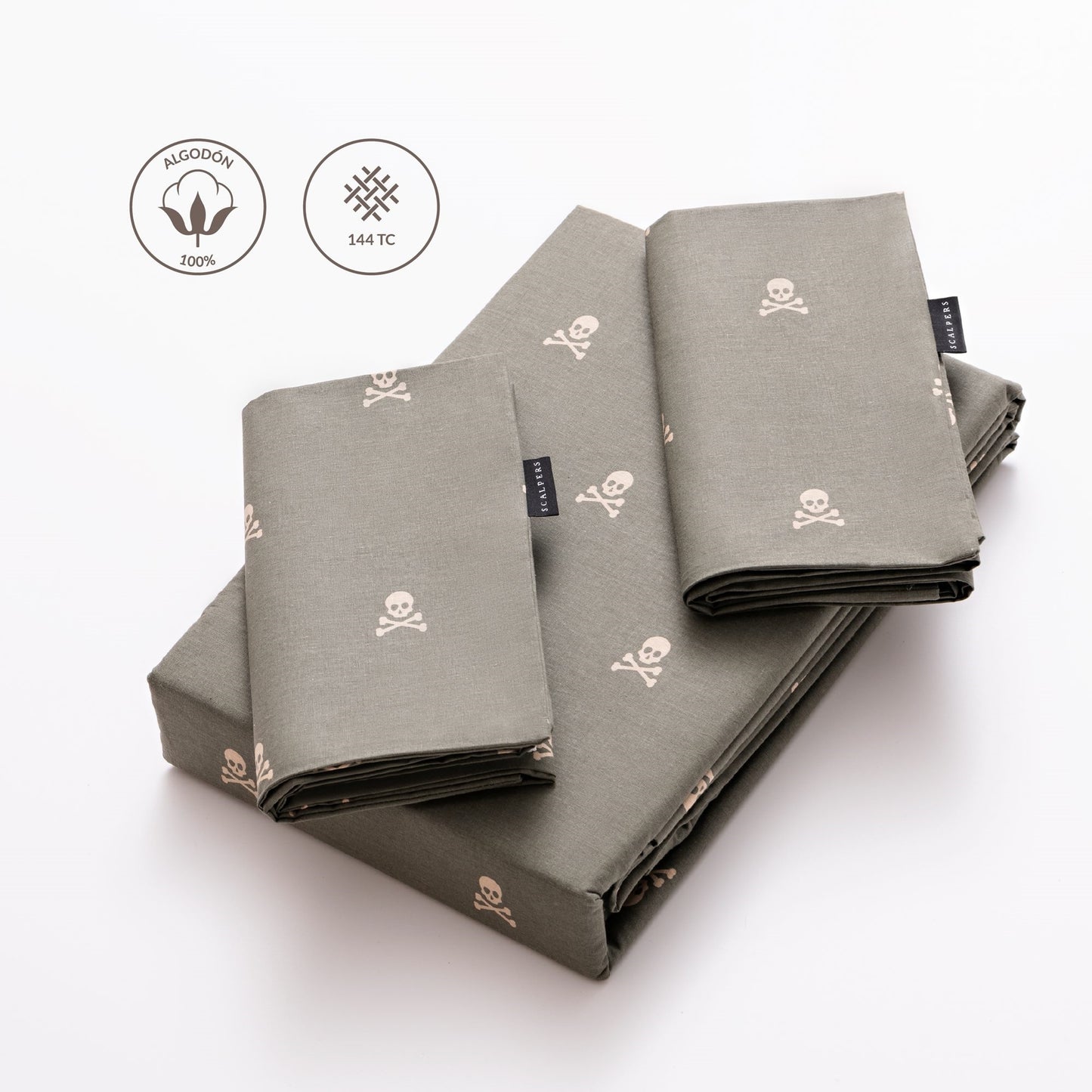 Set Cama (funda Nórdica 250x230cm + 2 Fundas Almohada 50x85cm) 100% Algodón 144tc Beige & Khakhi Calaveras Scalpers Home