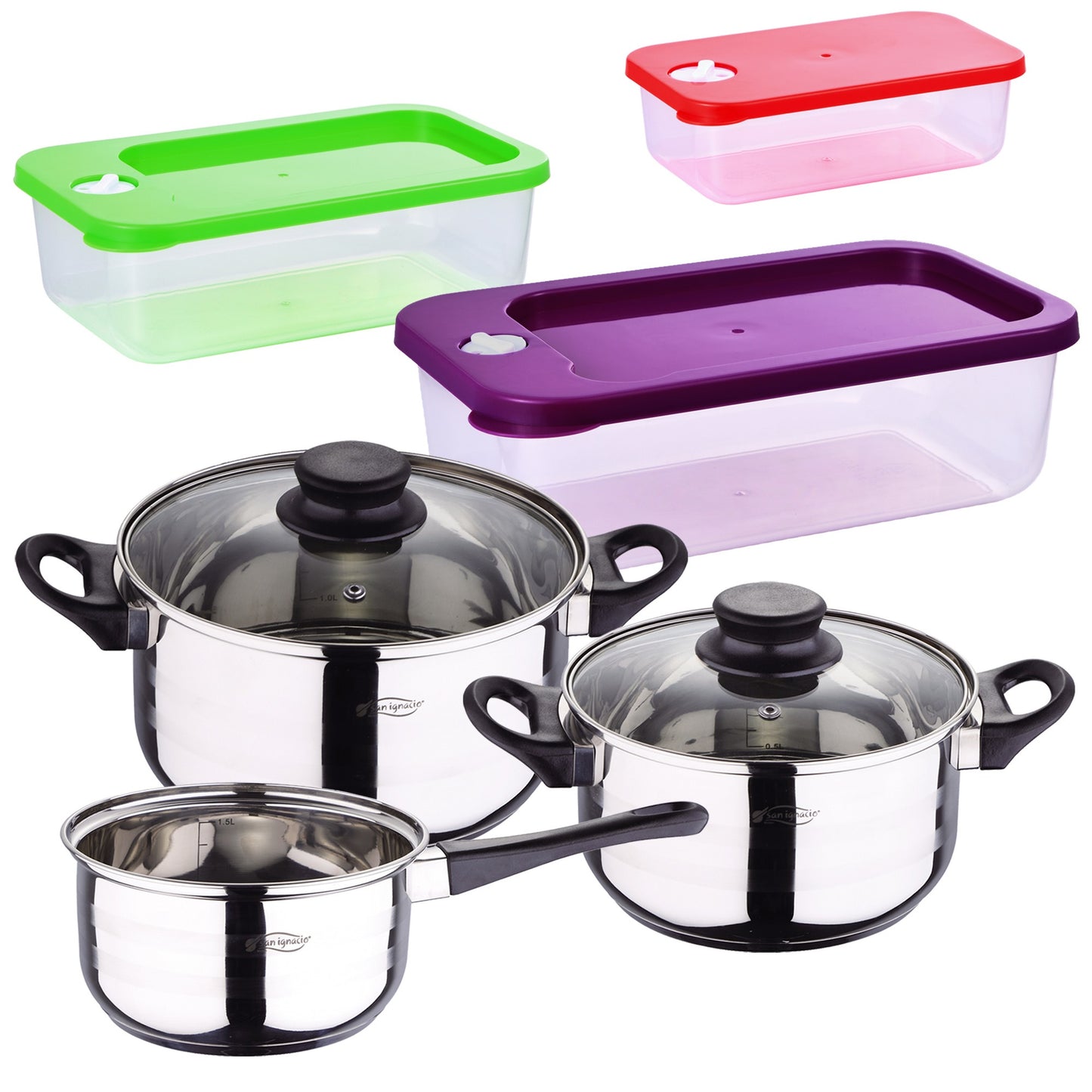 Pack Batería De Cocina 5 Piezas + Set De 3pc Herméticos Apilables De Plástico_0