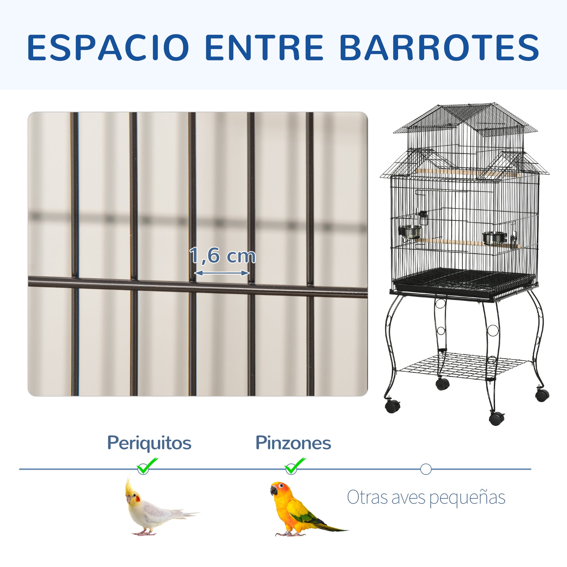 Pawhut Jaula Para Pájaros Con Ruedas Con Bandeja Extraíble Comederos 50x49x137cm_5