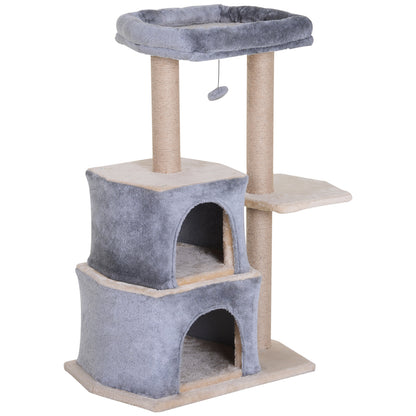 Pawhut Árbol Rascador Para Gatos De 92 Cm Con 2 Cuevas Bola Colgantes Gris_0