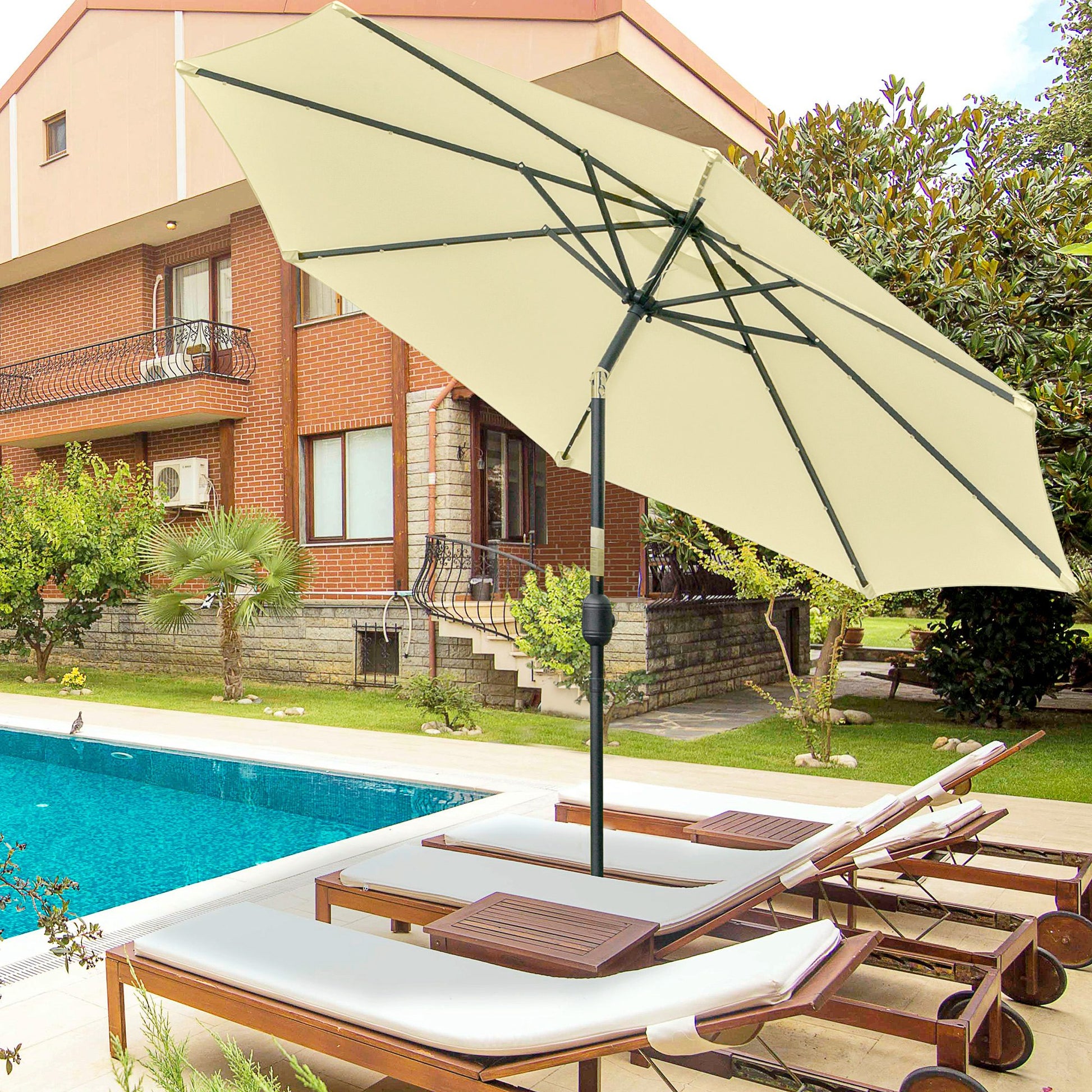 Outsunny Sombrilla Jardín Con 32 Luces Led Solares Inclinable Ø265x233 Cm Beige_1