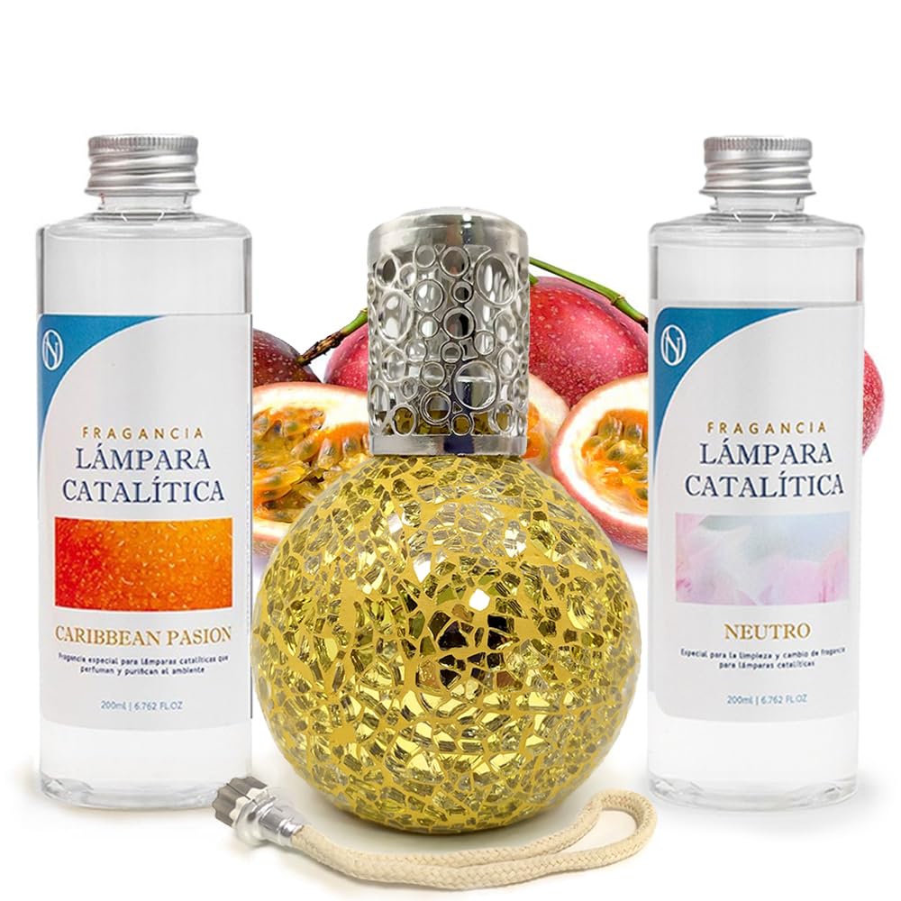 Pack Ahorro Lámpara Catalítica Mosaico Dorado + Aroma Caribbean Passion 200ml + Limpiador Neutro 200ml + Mecha Repuesto_0