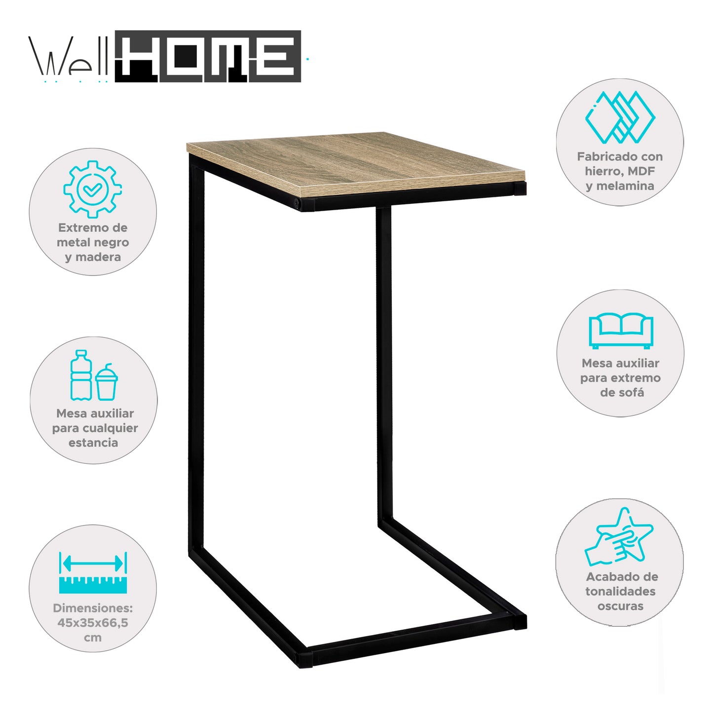 Wellhome Mesa Extremo Sofá Metal Negro Y Madera