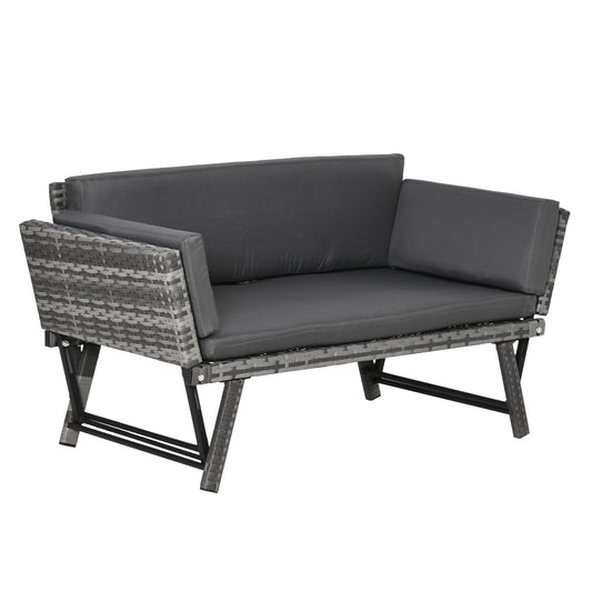 Outsunny Sofá De Ratán 2 Plazas Convertible Cama Con Cojines Acolchados Gris_0