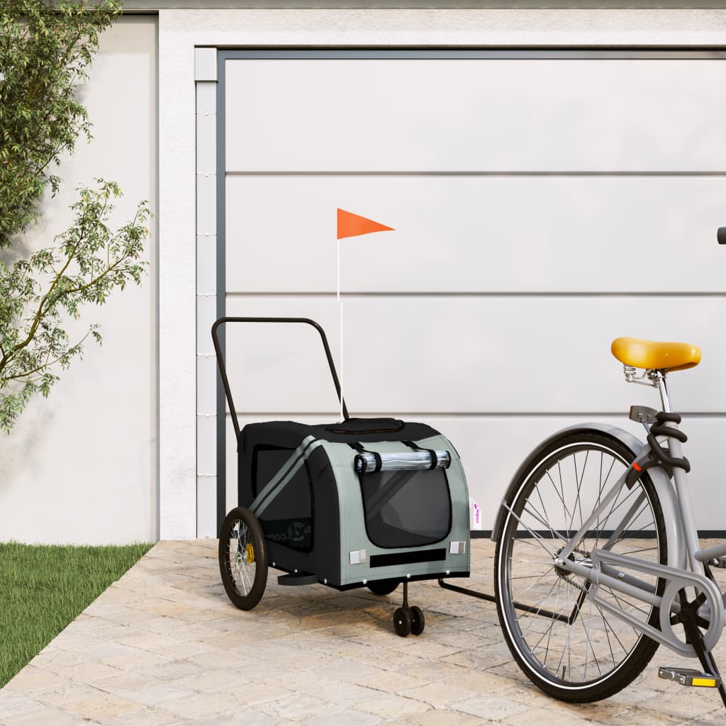 Remolque De Bicicleta Mascotas Hierro Tela Oxford Gris Negro_1