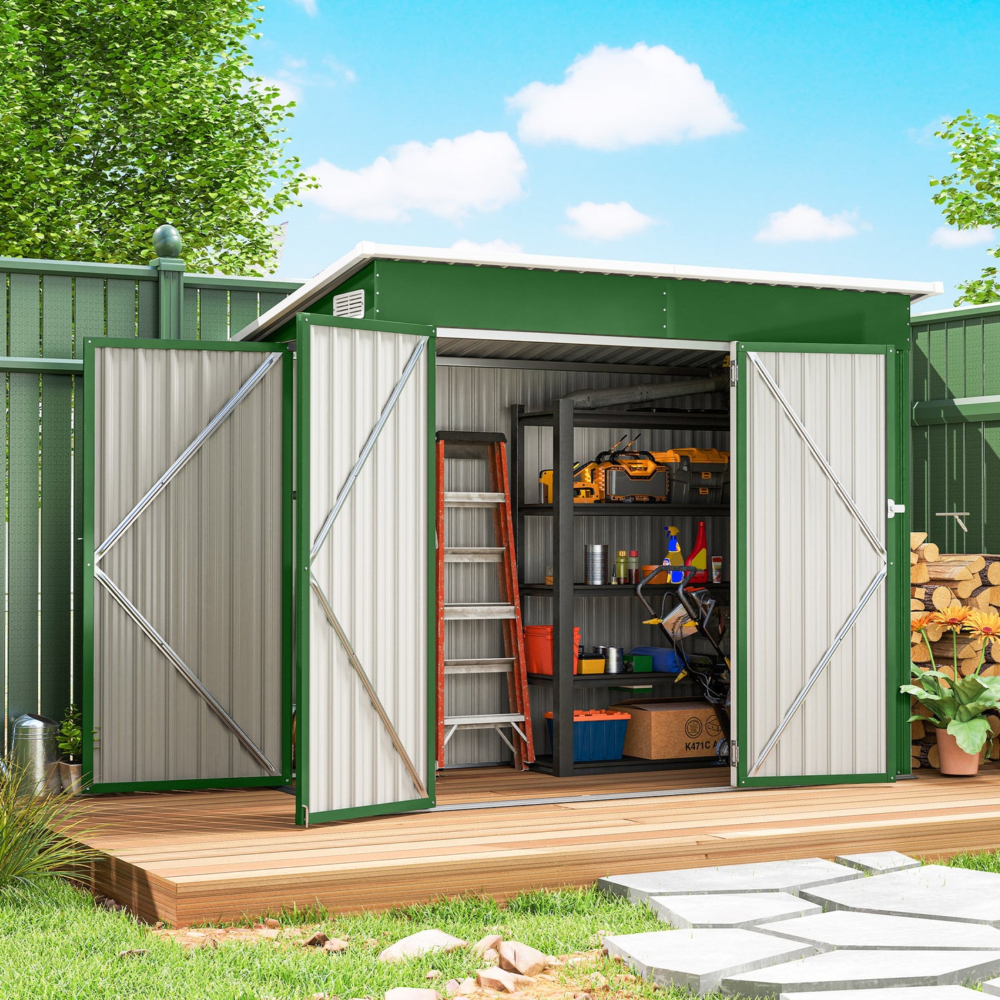 Outsunny Caseta De Jardín Exterior 2,7 M² 234x132x185 Cm Triple Puerta Verde_1