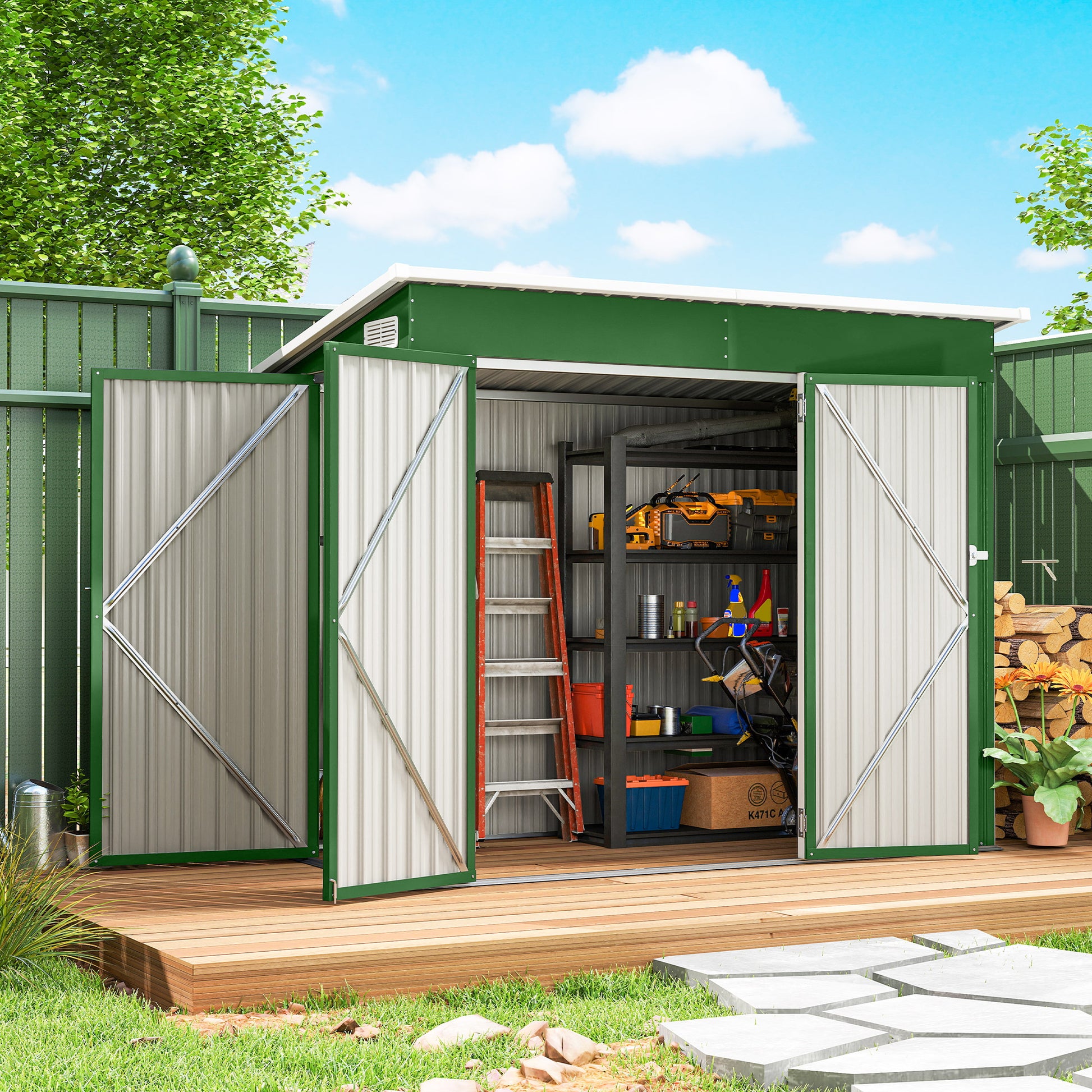 Outsunny Caseta De Jardín Exterior 2,7 M² 234x132x185 Cm Triple Puerta Verde_1
