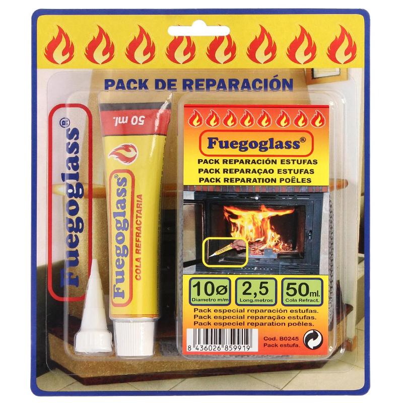 Kit Reparacion Estufas/chimeneas, Cola Refractaria Y Cordon Fibra Vidrio 10 Mm. X 2,5 M.
