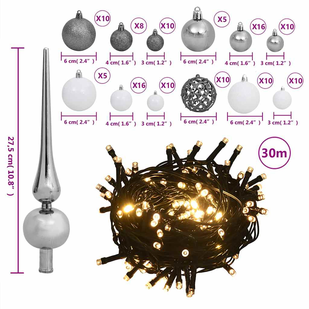 Vidaxl Set De Bolas De Navidad 120 Pzas Con Pico 300 Led Blanco Y Gris_2