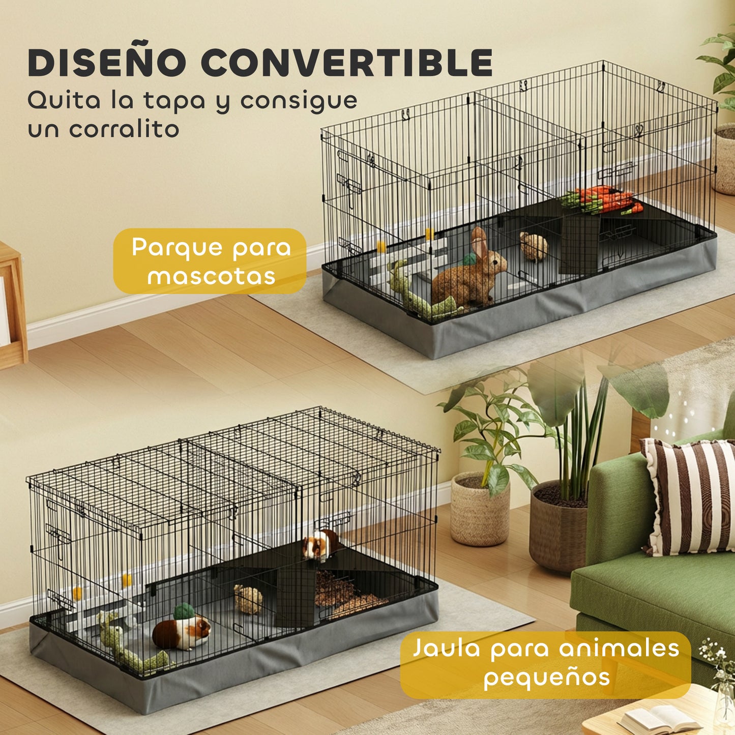 Pawhut Jaula Para Animales Pequeños 2 En 1 Con Tapa Removible 121x61x61 Cm Negro_3