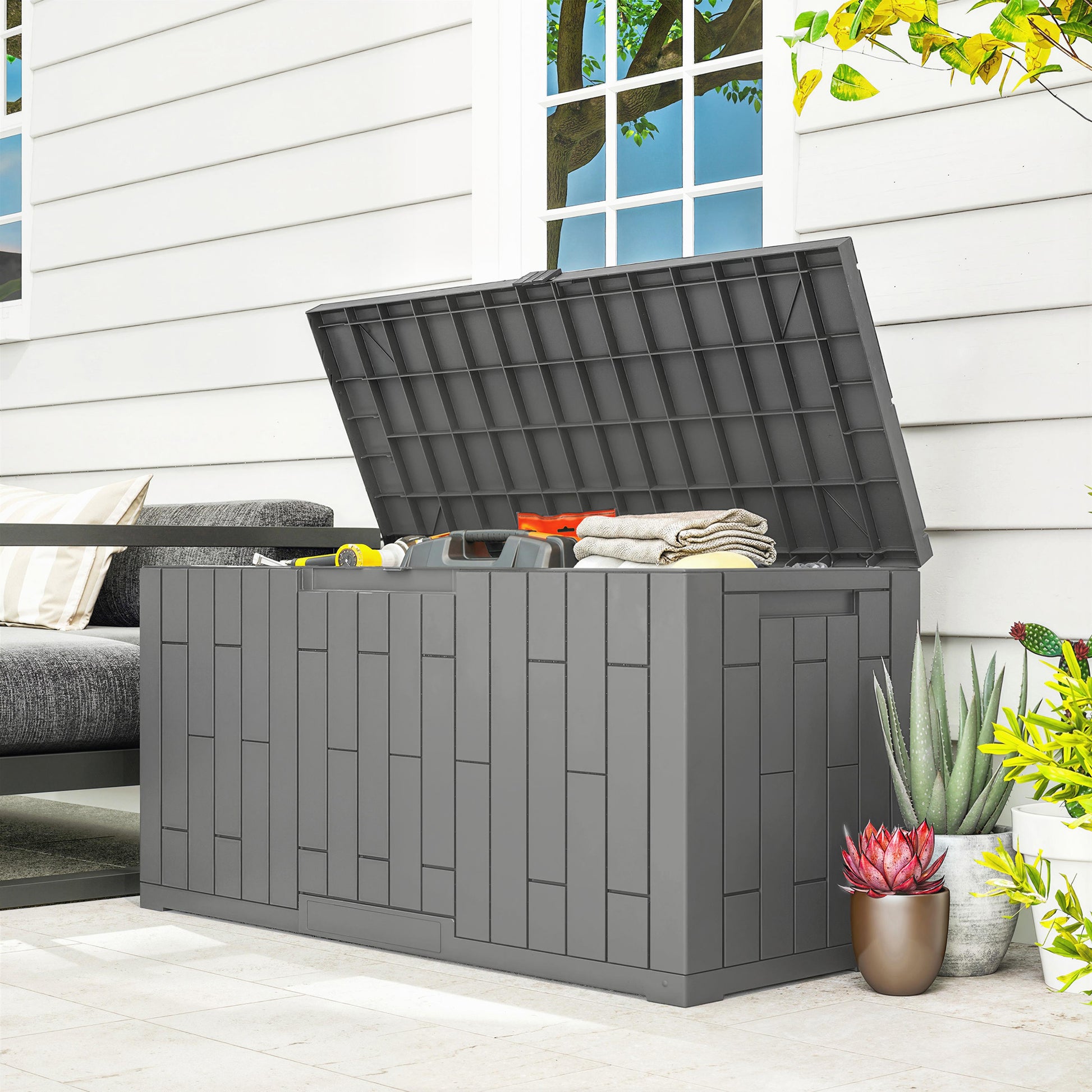 Outsunny Arcón Exterior 227l De Pp Con Cerradura Resistente Al Agua Anti-uv Gris_1