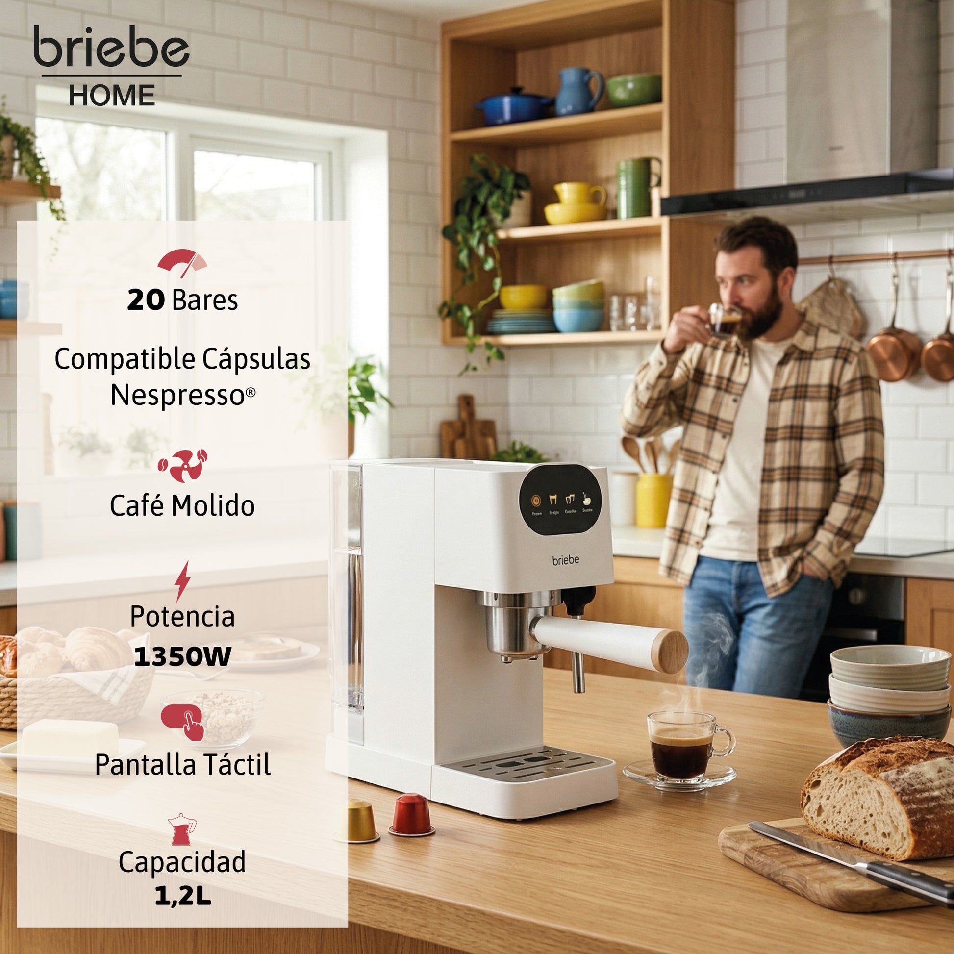 Briebe Nordic Cafetera Espresso 20 Bares Compatible Cápsulas Nespresso Y Café Molido Espumador Leche, Ec1180wht, Blanco_2