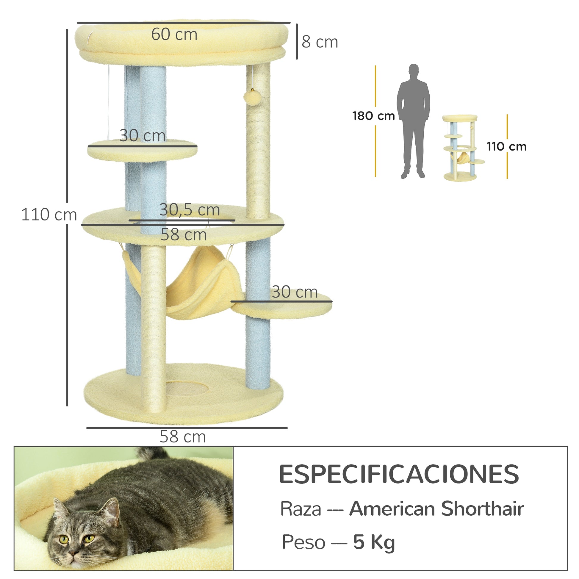 Pawhut Árbol Rascador Para Gatos Mediano 110 Cm Ø58x110 Cm Amarillo Y Azul_2