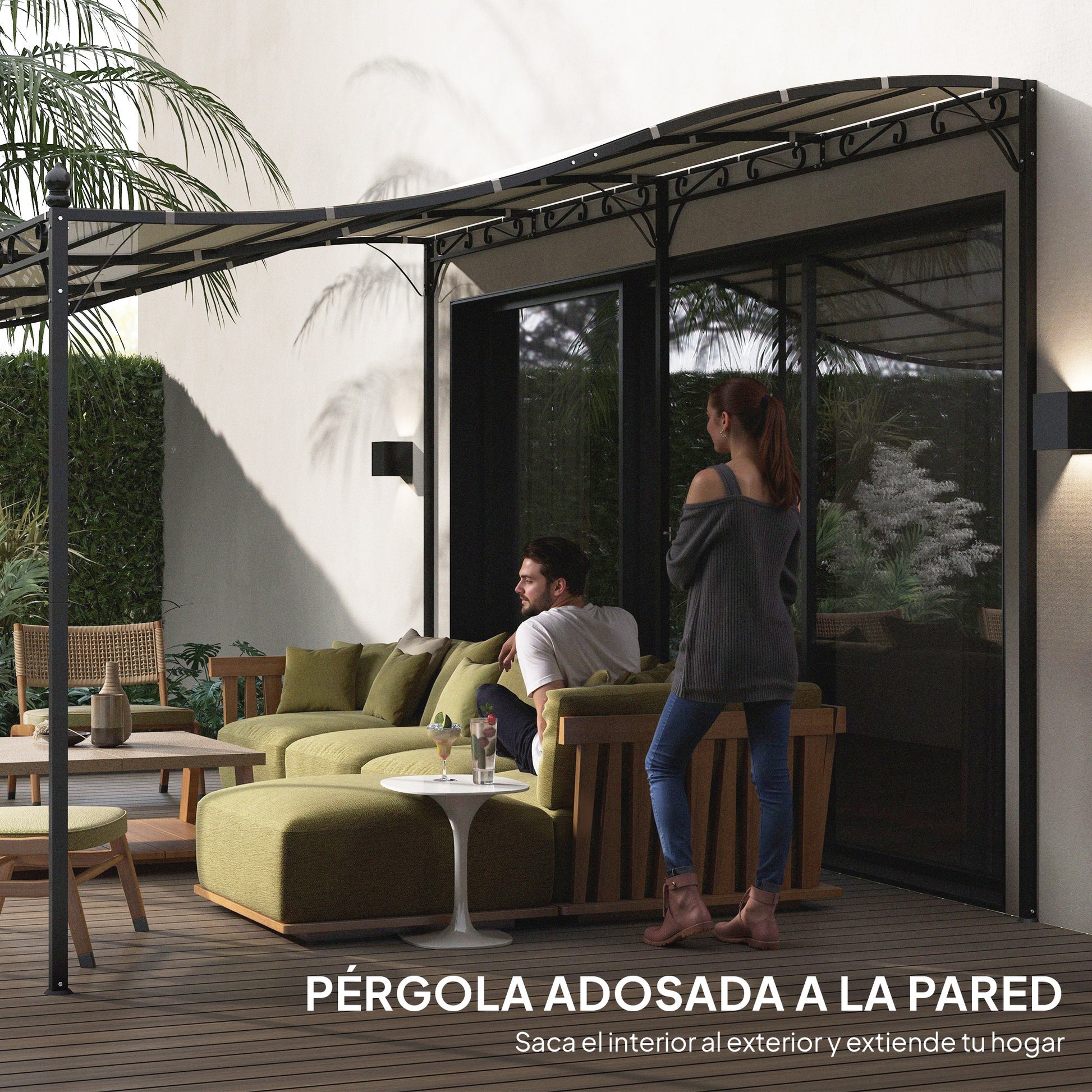 Outsunny Pérgola De Pared 3x6 M Con Techo Inclinado Estructura Metálica Crema_5