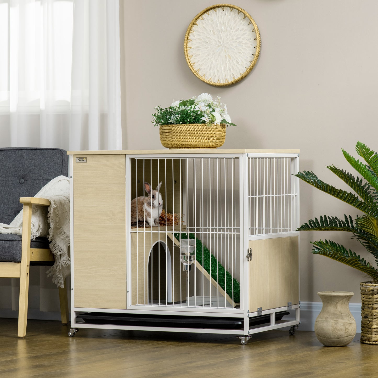 Pawhut Conejera De Madera Con Ruedas 78x52,5x76,5 Cm Techo Abrible Corral Acero_1