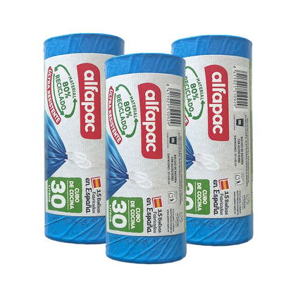 80% Reciclado 3 Rollos De 15 Bolsas De Basura 30l Con Autocierre_0