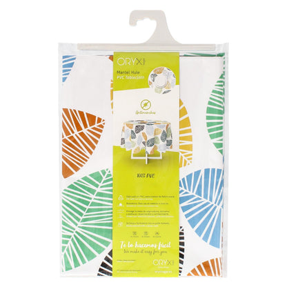 Mantel Hule Redondo Hojas Colores Impermeable Antimanchas Pvc Ø 140 Cm. Uso Interior Y Exterior