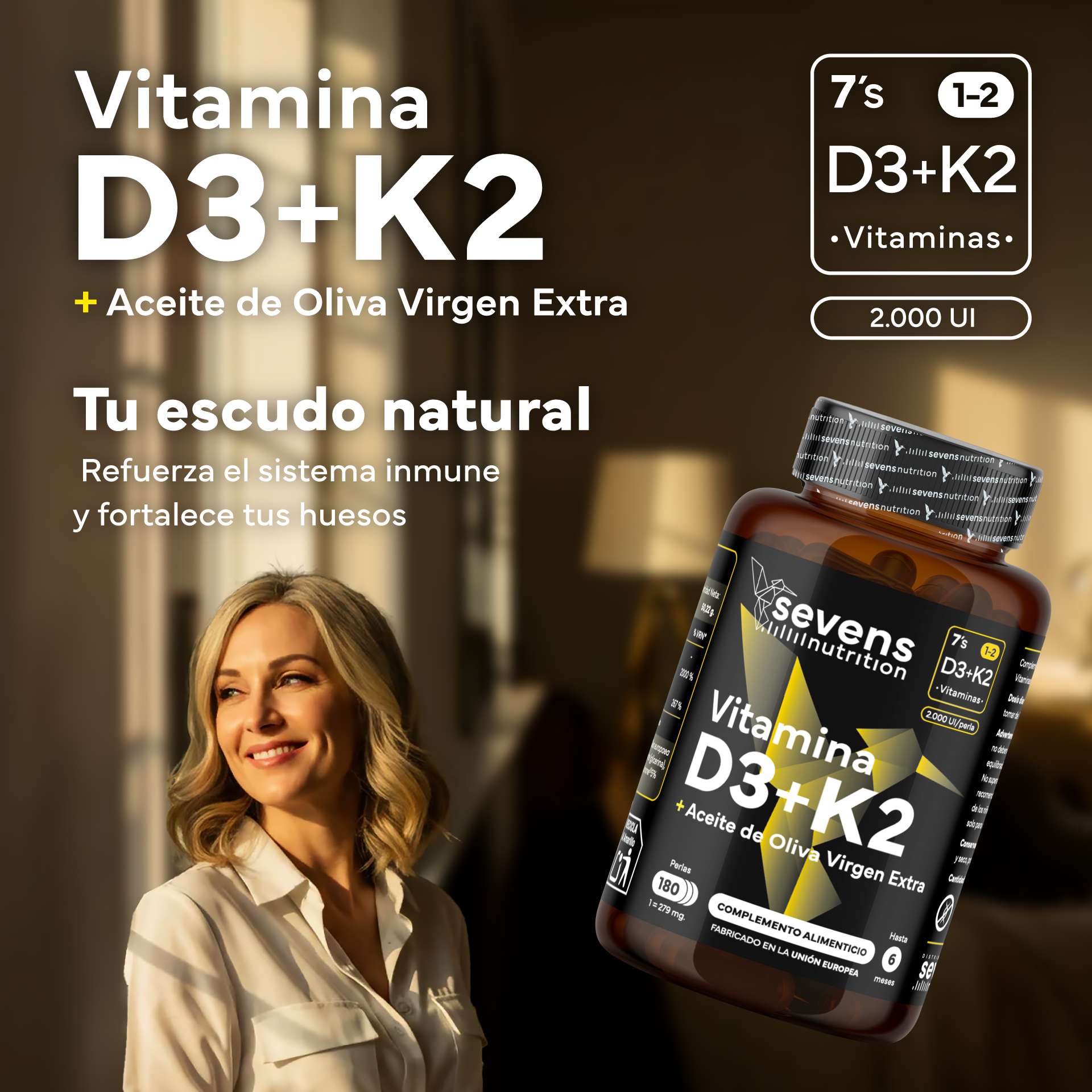 Vitamina D3 + K2 Sevens Nutrition. Salud Ósea.
