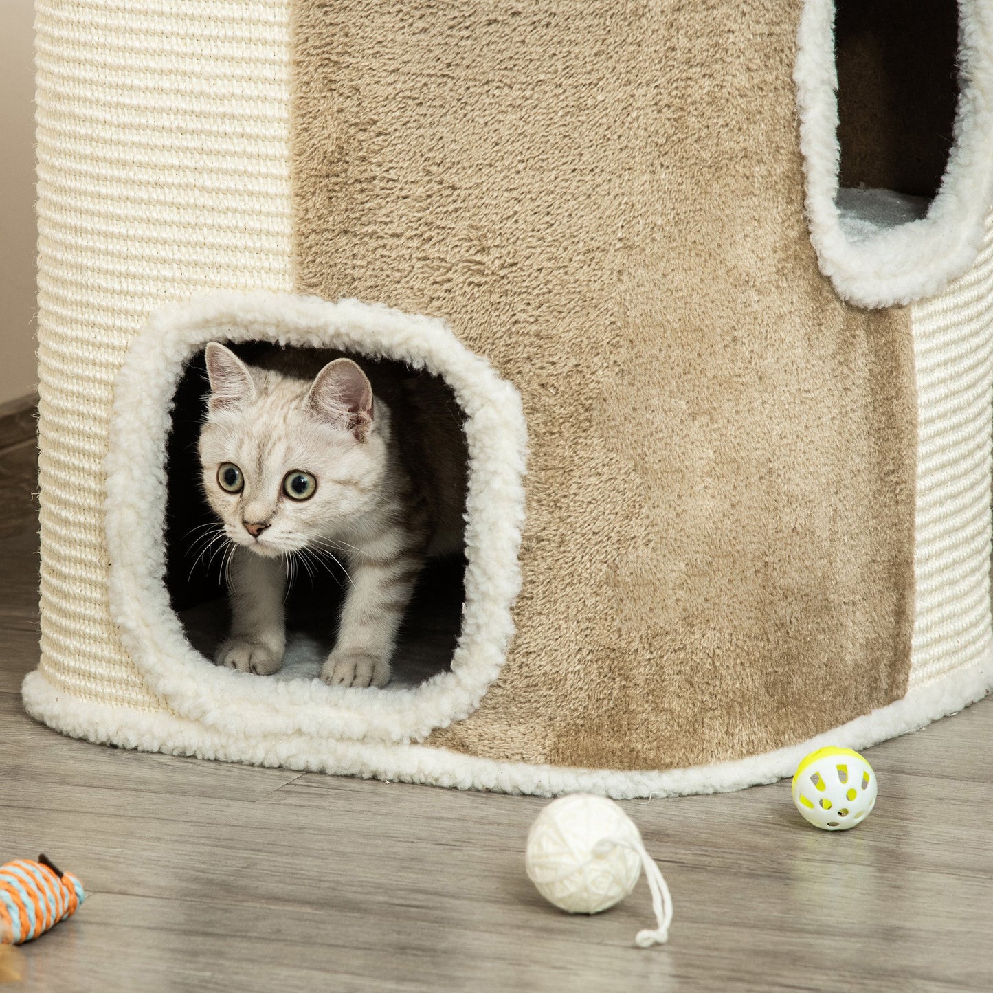 Pawhut Barril Rascador Para Gatos 2 Niveles Con Cuevas De Sisal 40x40x49cm Beige_3