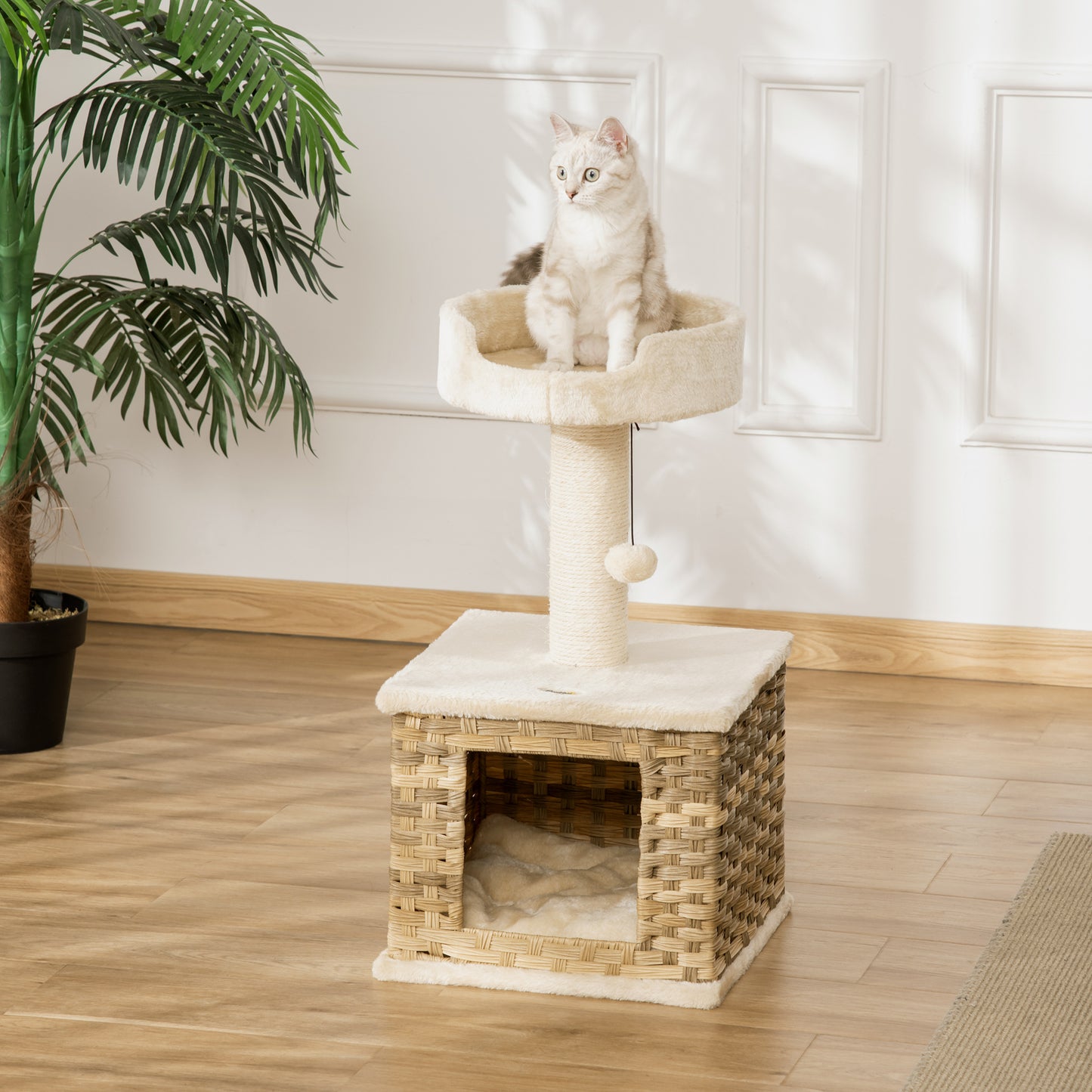Pawhut Árbol Rascador Gatos Altura 69 Cm Con Cueva De Ratán Y Cama 36x36x69 Cm_1