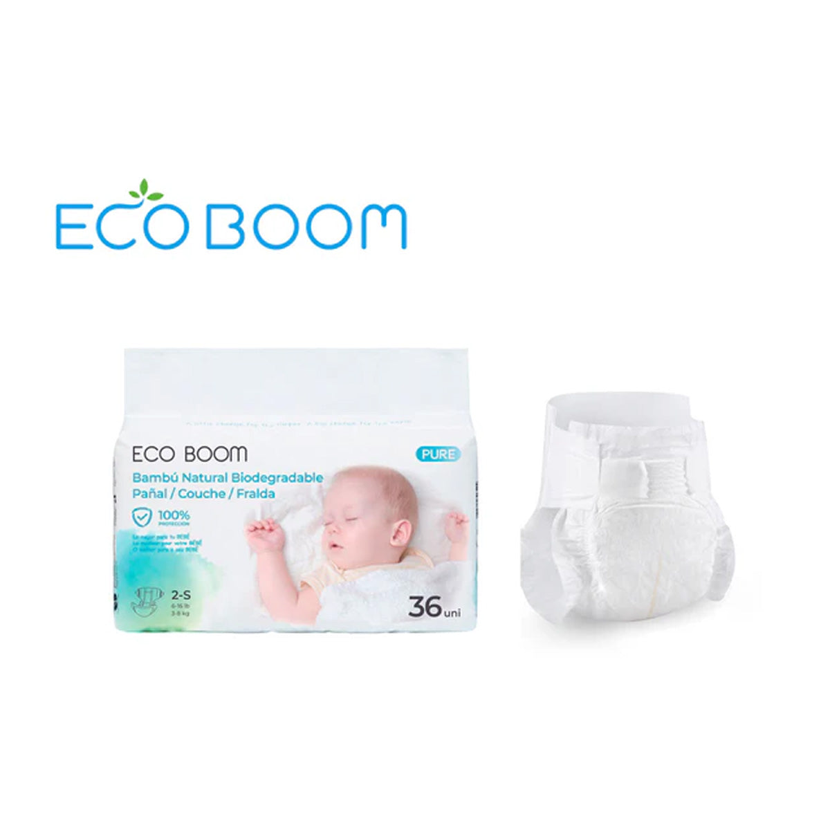 Pañal de Bambú Pure Premium ECO BOOM T2/S (3 a 8 Kg) 36 uds