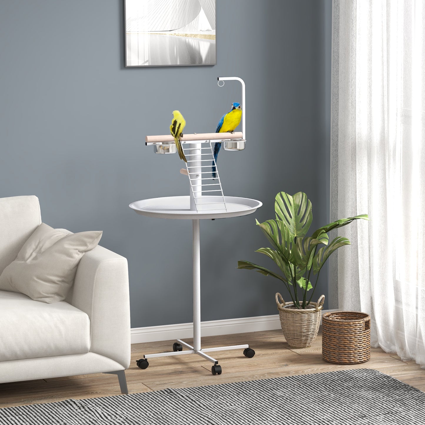 Pawhut Comedero De Pájaros Para Exterior Con Ruedas Ø60x138 Cm Blanco_1