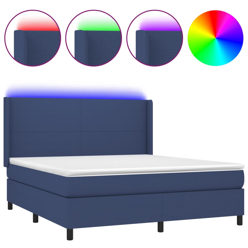 Cama Box Spring Colchón Y Luces Led Tela Azul 160x200 Cm / Vetonek_5