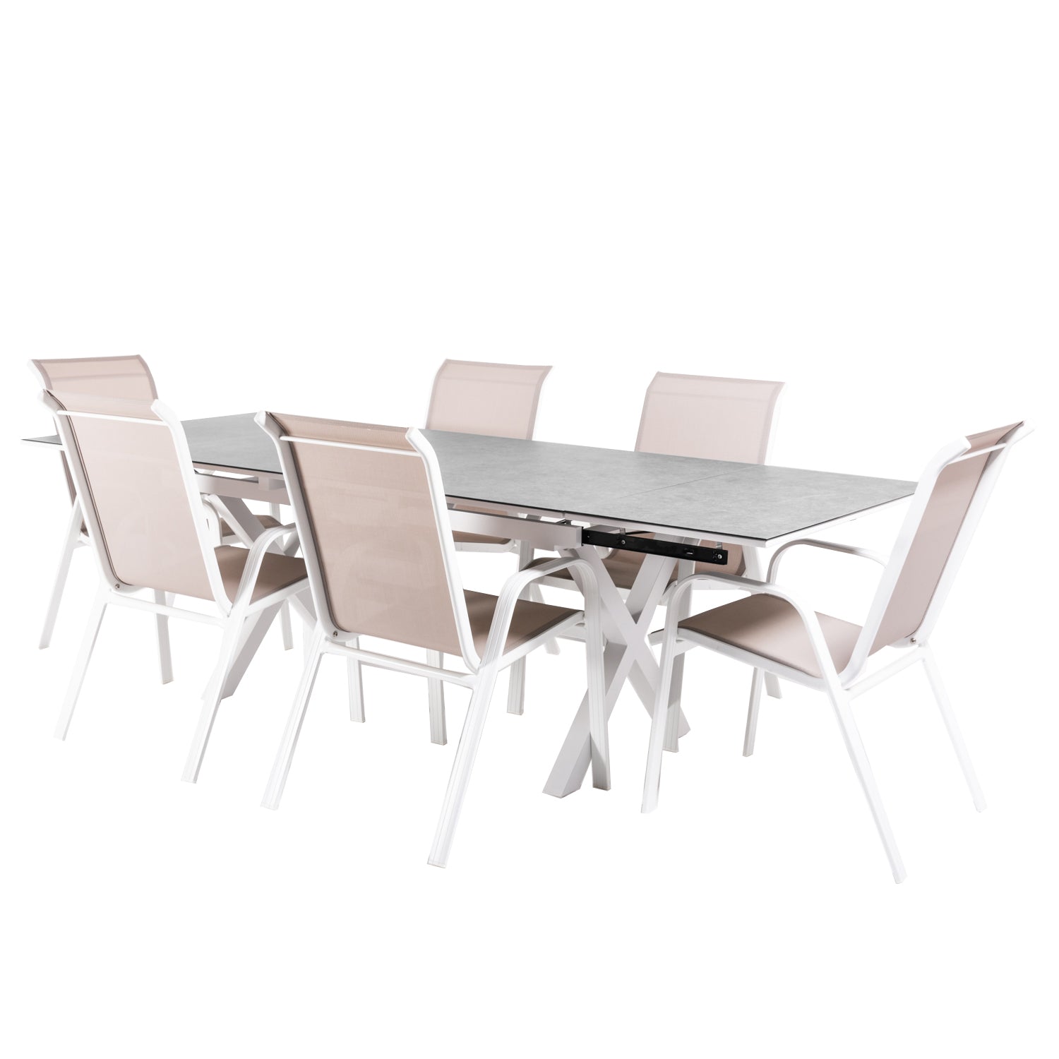 Conjunto De Mesas Y Sillas Apilables Para Terraza, Mesa Extensible 150 A 250 Cm, Aluminio Y Cristal, Color Blanco_0