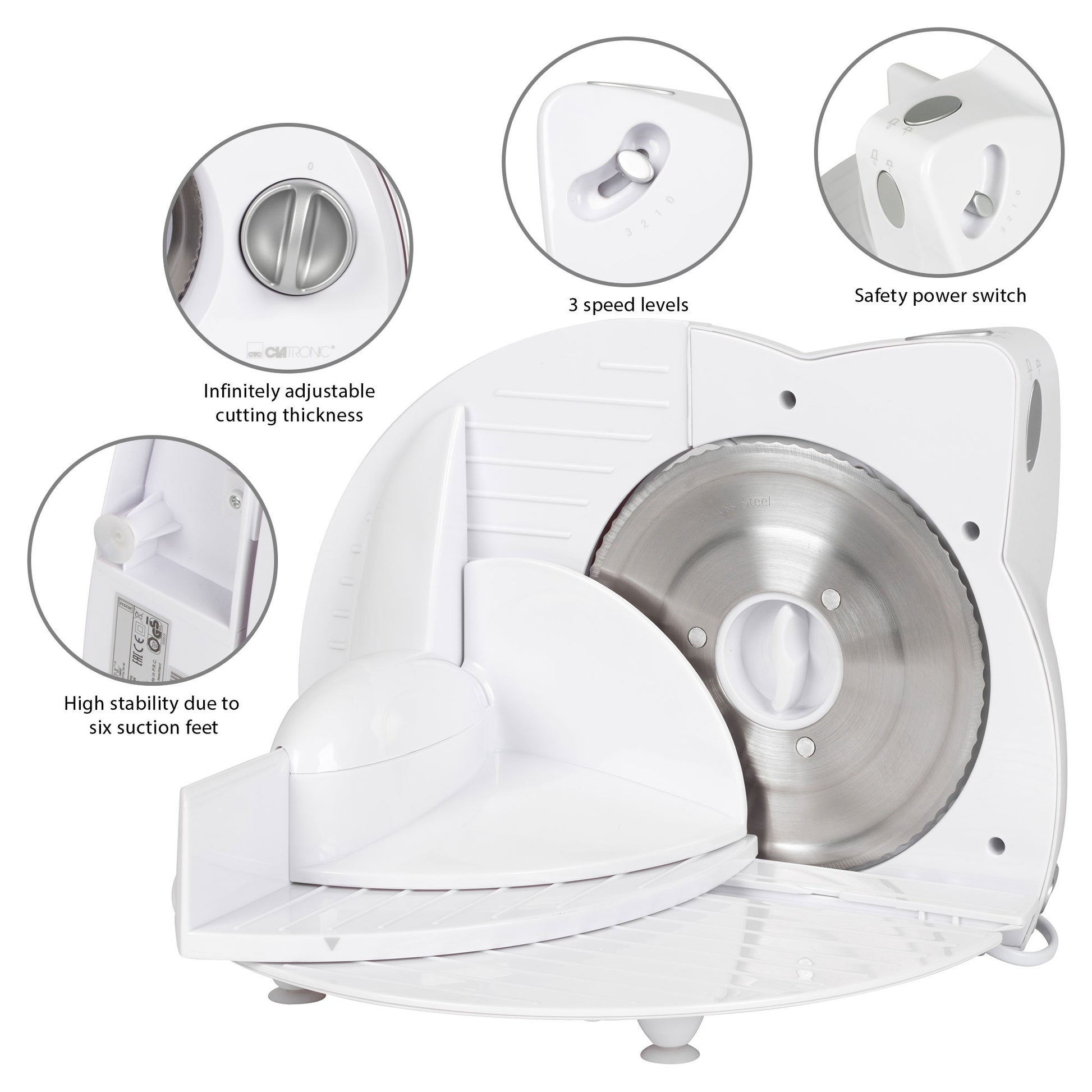 Cortafiambres Plegable, Cuchilla Especial Acero Inox., Corte Ajustable, 3 Velocidades, Compacto Clatronic As2958