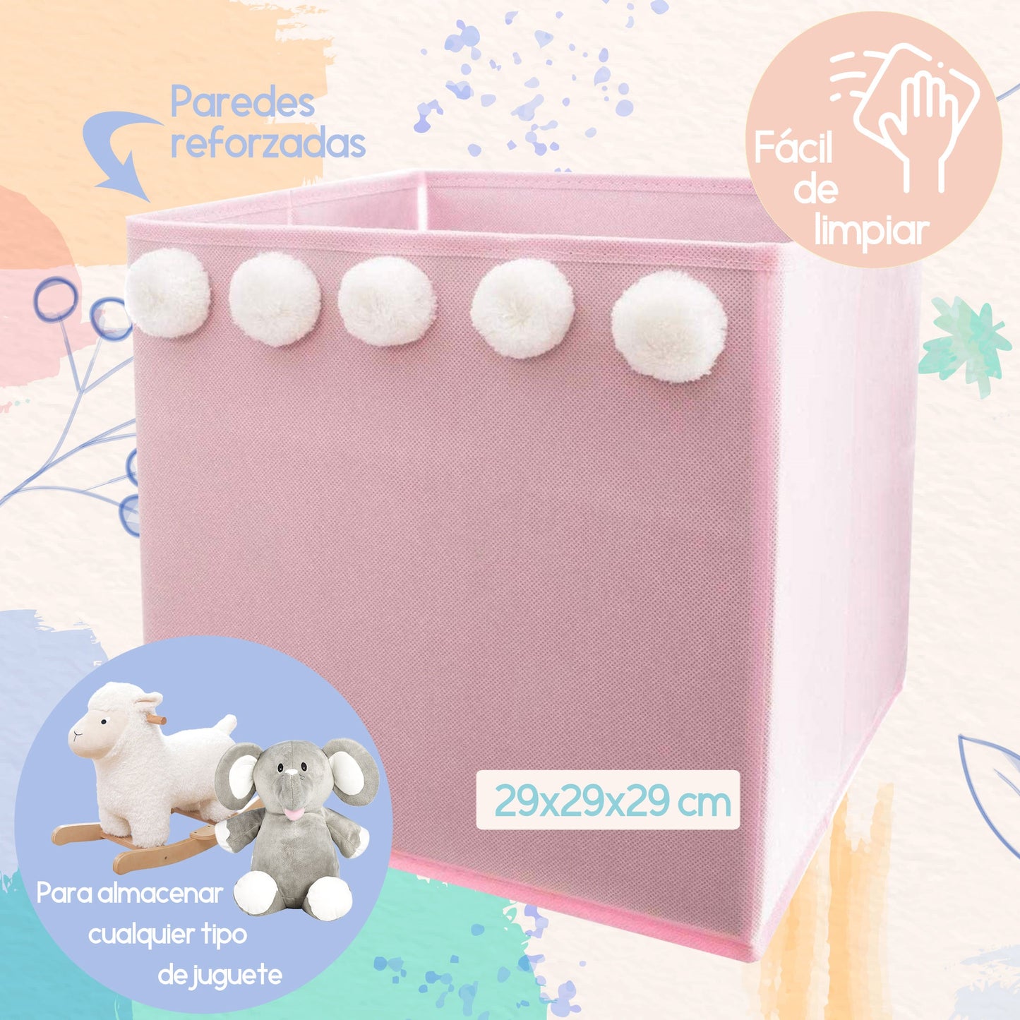 Set De 3 Cajas De Almacenamiento Infantil Con Pompones Color Rosa - 29 X 29 X 29 Cm_1