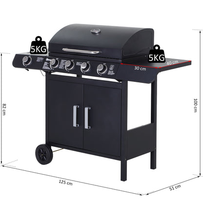 Outsunny Barbacoa De Gas Con Ruedas 4+1 Quemadores 14,4 Kw Y Mesas Laterales_2
