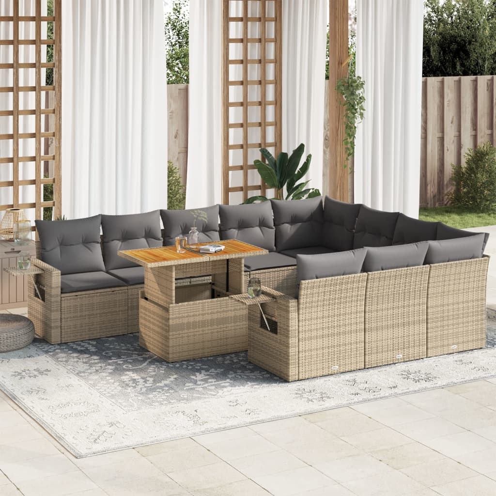 Set De Sofás De Jardín 11pzas Con Cojines Ratán Sintético Beige / Vetonek_5