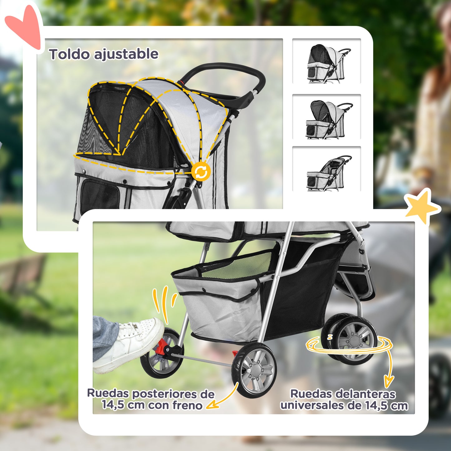 Pawhut Carrito Para Perros Plegable Con Cesta De Almacenaje 75x45x97 Cm Gris_5