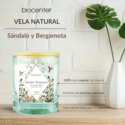 Vela natural Sándalo Bergamota - cera vegetal y aceites esenciales, 200 gr