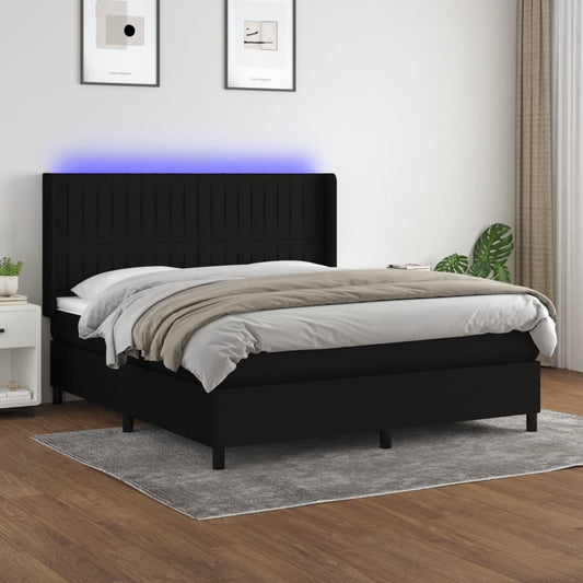 Cama Box Spring Colchón Y Luces Led Tela Negro 160x200 Cm / Vetonek_0