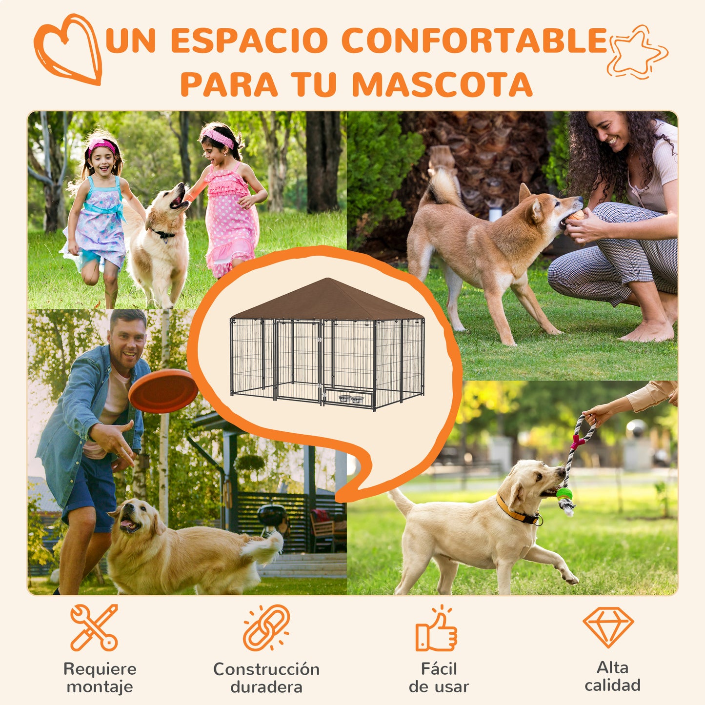 Pawhut Perrera Con Toldo Y 2 Cuencos Para Exterior 211x141x151 Cm Negro_3