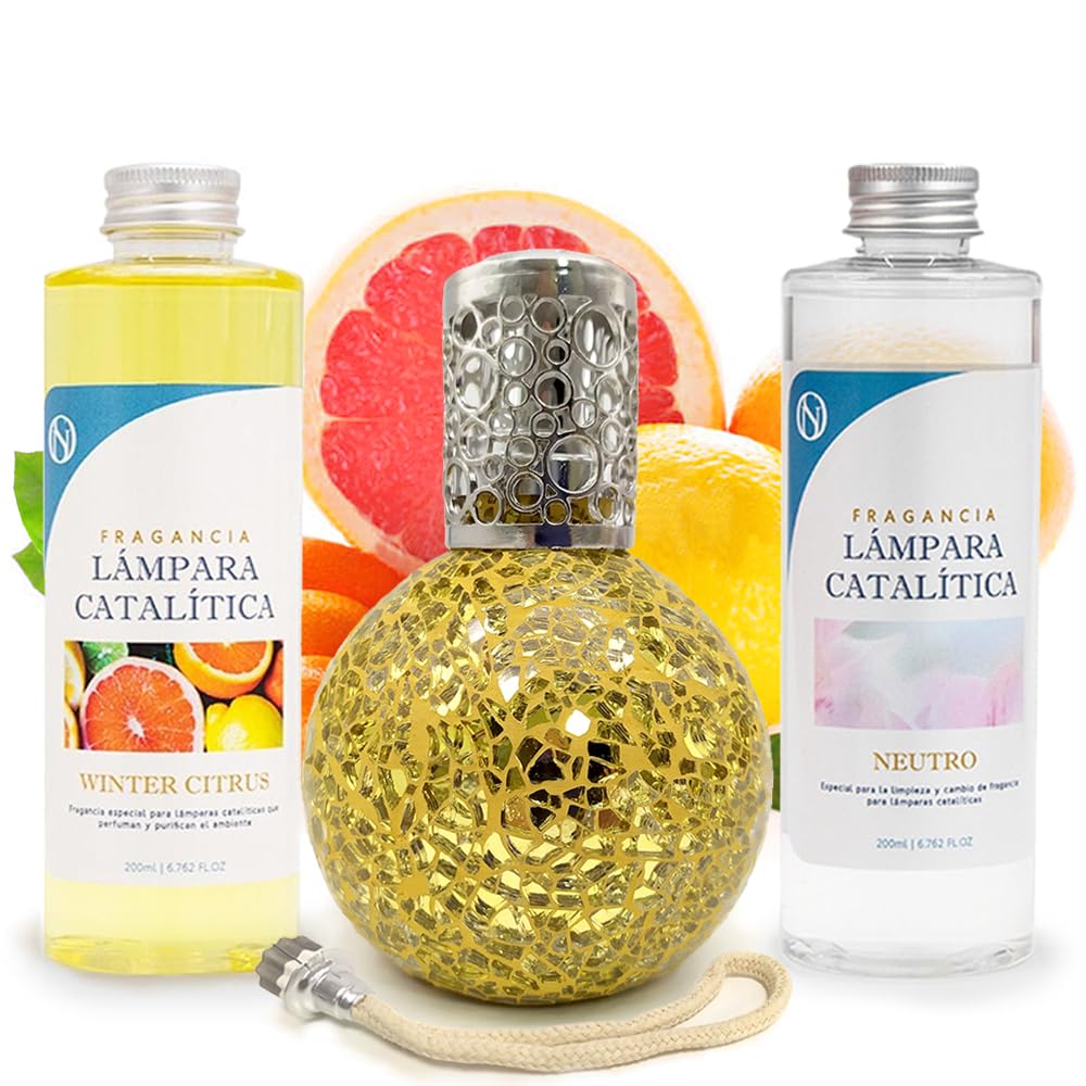 Pack Ahorro Lámpara Catalítica Mosaico Dorado + Fragancia Winter Citrus 500ml + Limpiador Neutro 200ml + Mecha Repuesto_0
