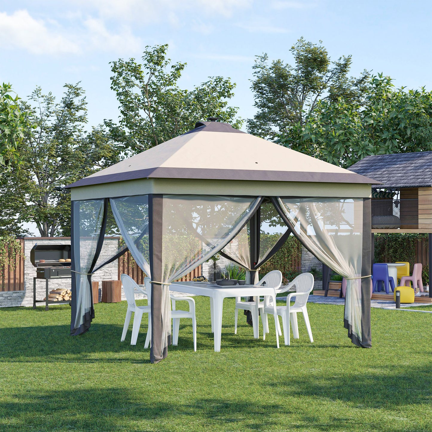 Outsunny Carpa Plegable Con Luces Led 3,3x3,3 M Cenador Con Control Remoto Beige_1