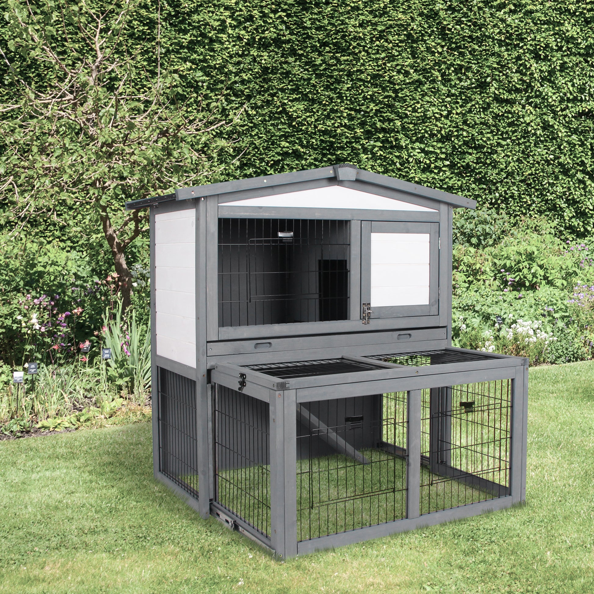 Pawhut Conejera De Exterior Madera Con Techo Abatible Y Zona Abierto Telescópica_1