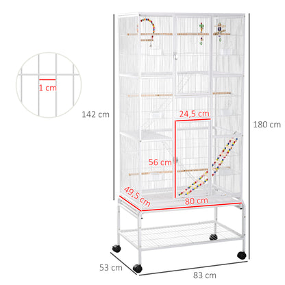 Pawhut Jaula Para Pájaros Con Ruedas Comederos Perchas 83x53x180 Cm Blanco_2