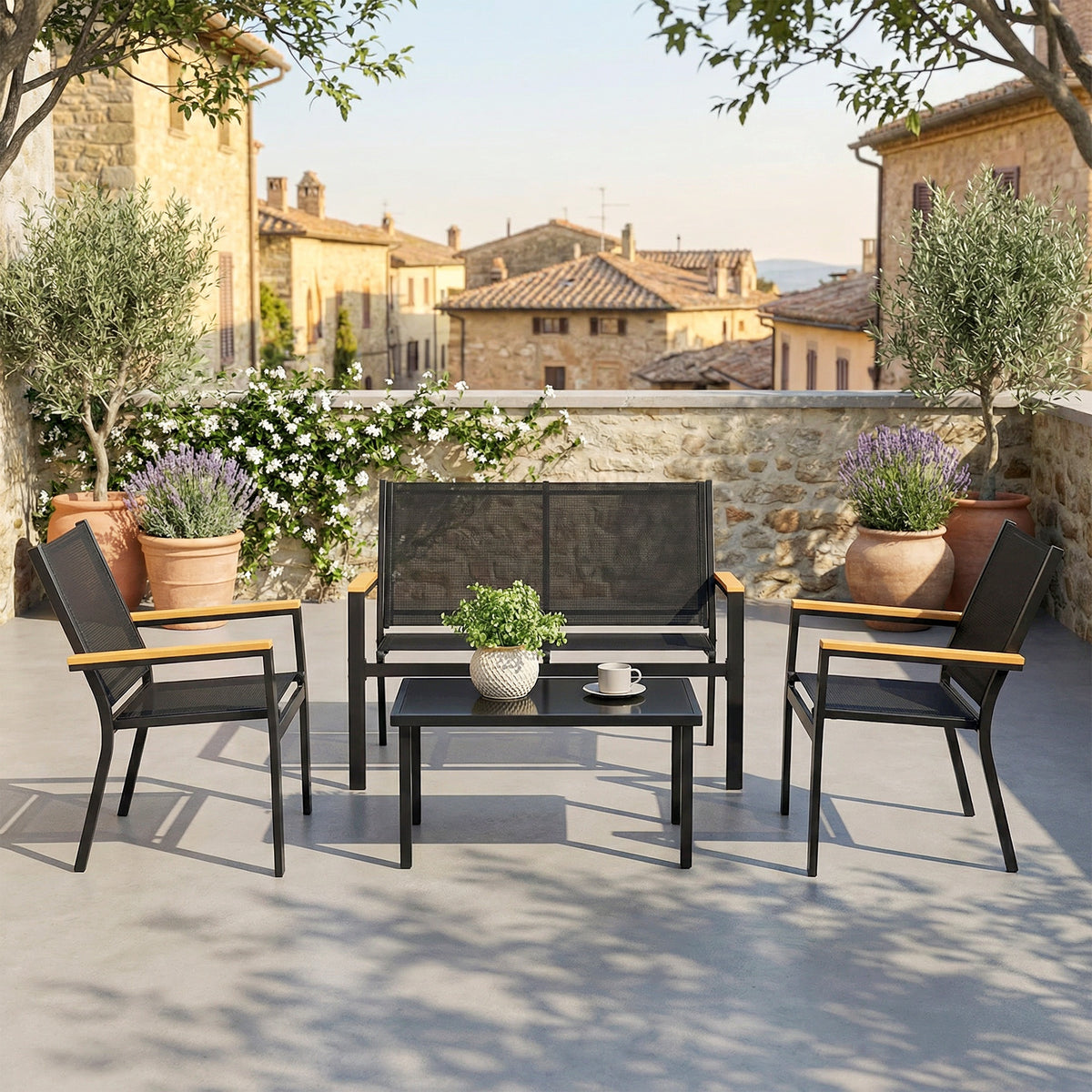 Outsunny Juego Jardín Exterior De 4 Piezas Tela Textilene Mesa De Cristal Negro_1
