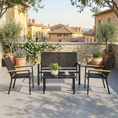 Outsunny Juego Jardín Exterior De 4 Piezas Tela Textilene Mesa De Cristal Negro_1