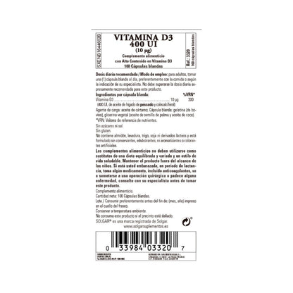 Vitamina D3 400 UI, 100 perlas de 10g