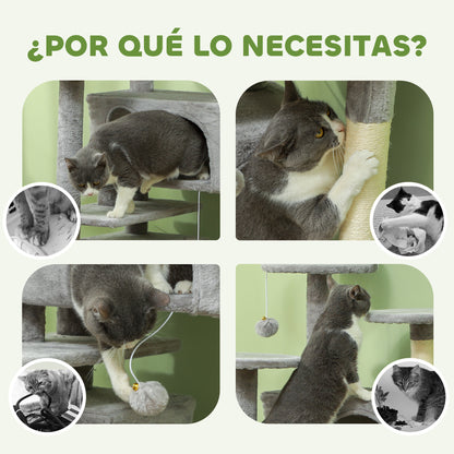 Pawhut Rascador Para Gatos Altura 138 Cm Con Postes De Sisal Hamacas Gris Claro_5