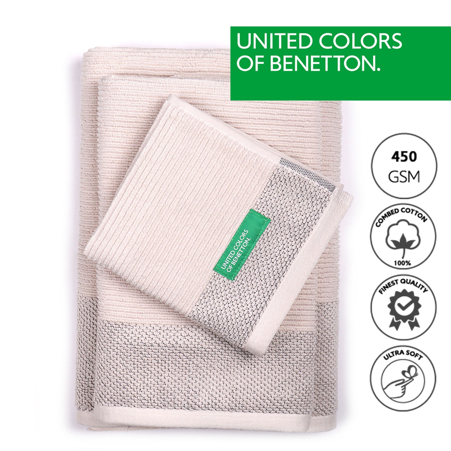 Set 3pcs Toallas De Baño (30x50+50x90+70x140cm) 450 Gsm 100%algodon Beige Casa Benetton_1