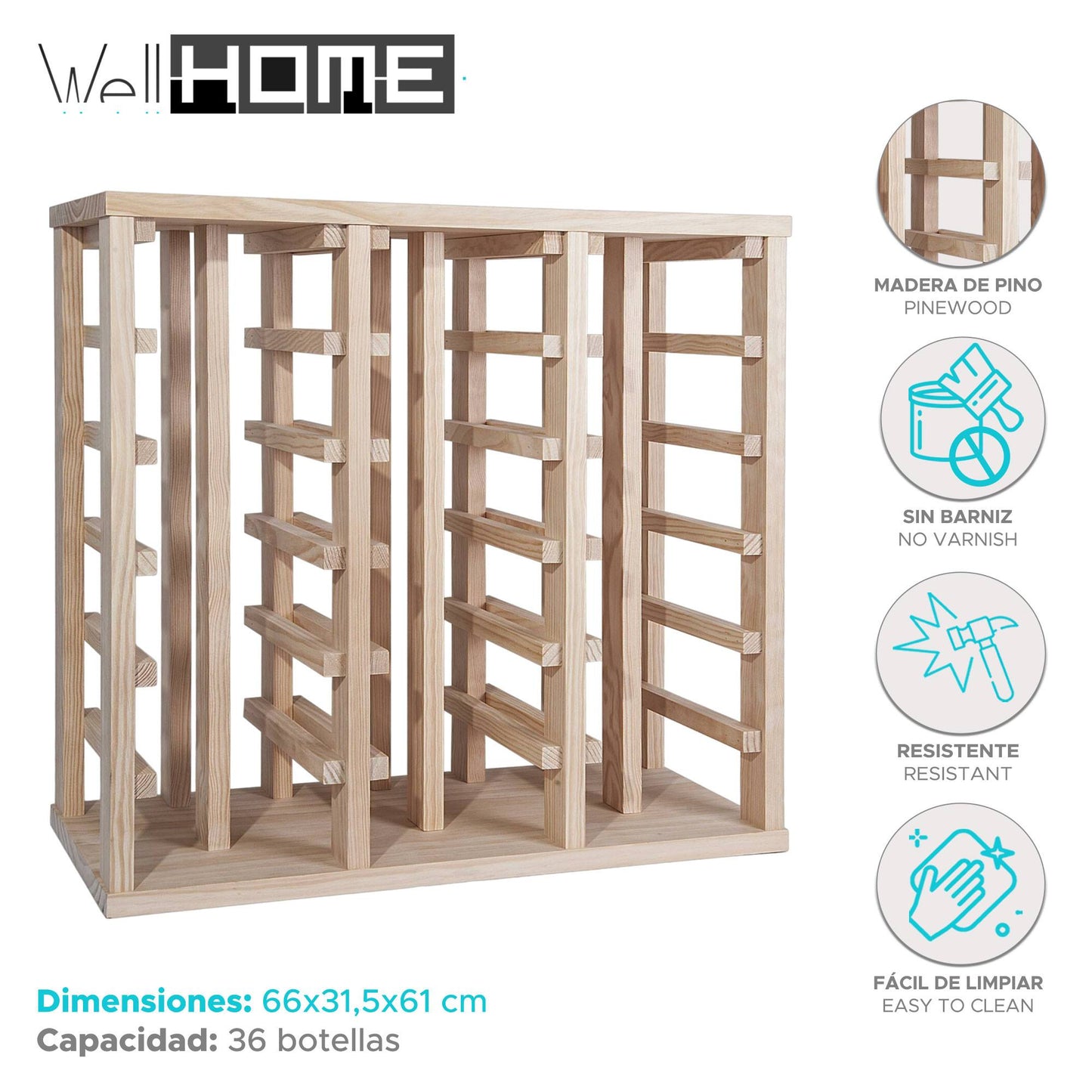 Well Home - Botellero En Madera De Pino Con 36 Estantes Sin Barnizar_1