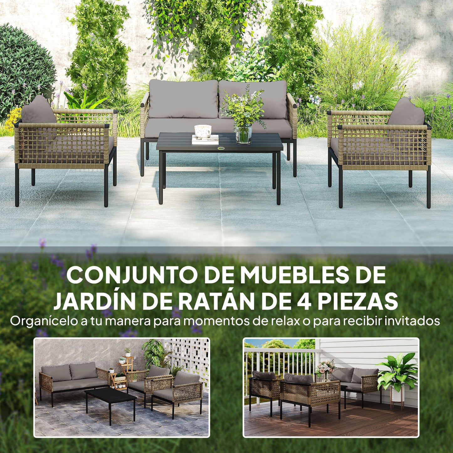 Outsunny Conjunto De Jardín De Ratán Sintético De 4 Piezas Natural Y Gris_3
