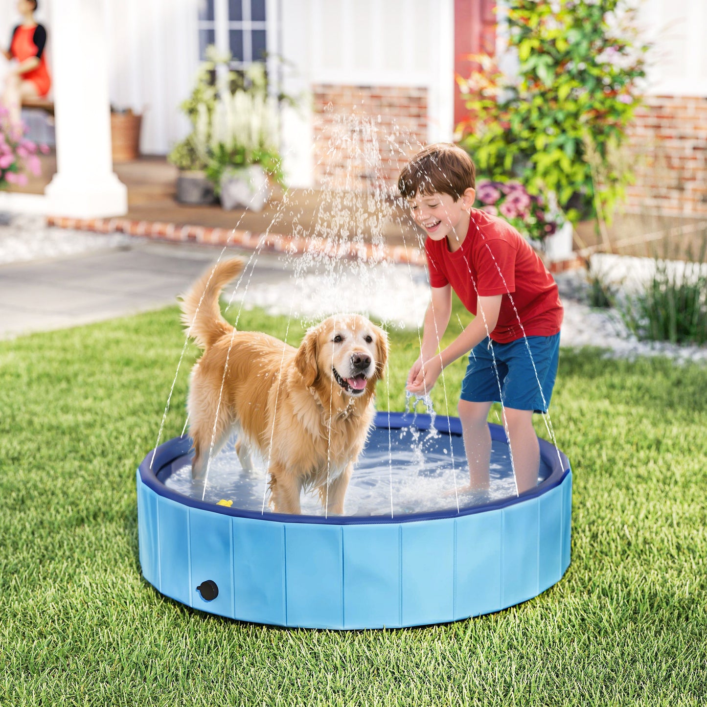Pawhut Piscina Para Perros Plegable Con Aspersor Antideslizante Resistente Azul_1